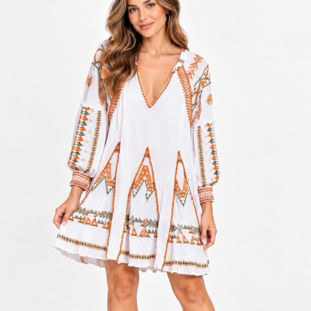 Hale Bob White Colorful Embroidered Gauze Boho A Line Bell Sleeve Dress SMALL